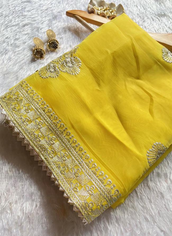 Muslin Organza Yellow Traditional Wear Thread Work Saree